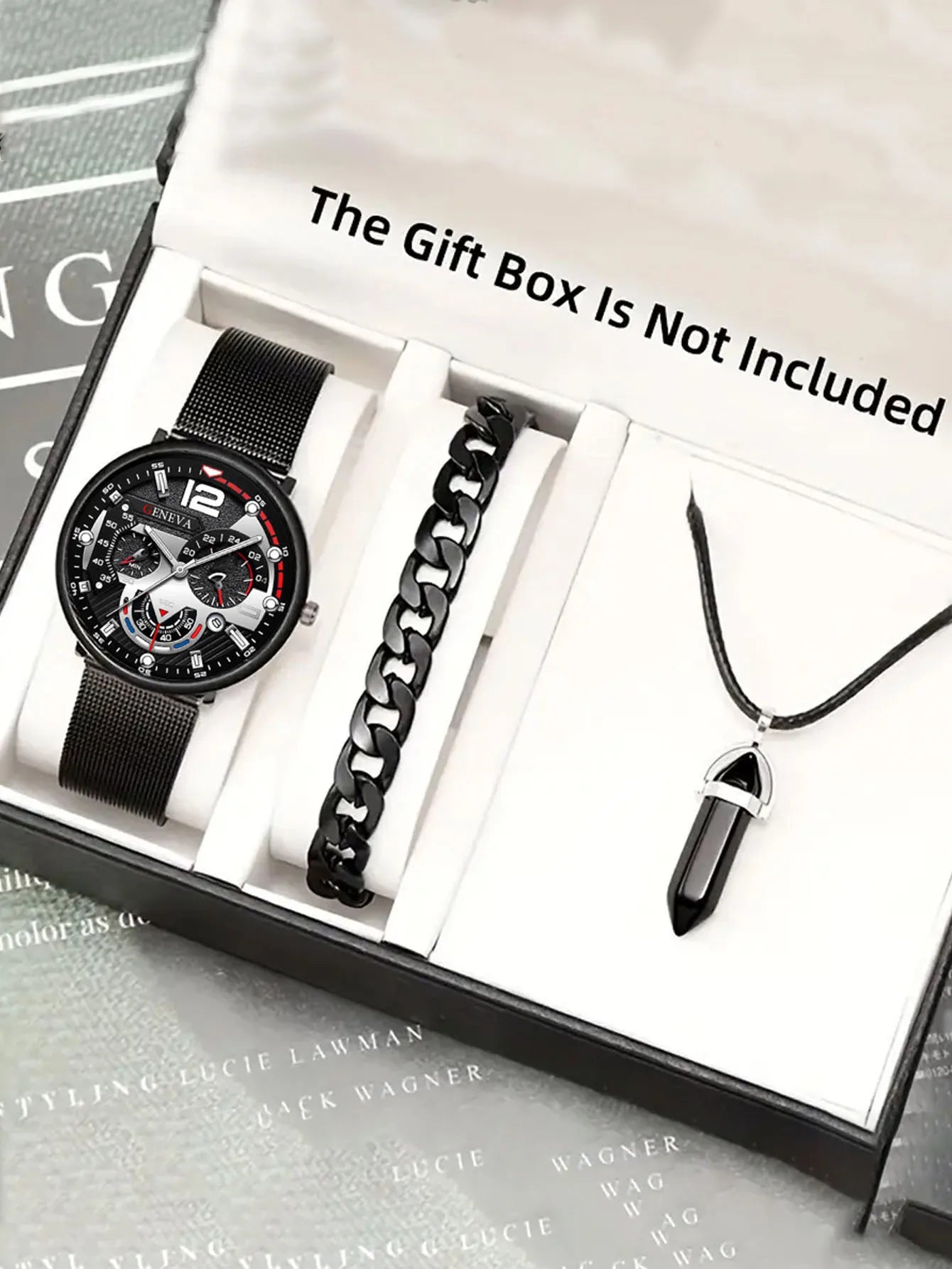 1pcs fashion trend men's watches, men's watch mesh belts, 1pcs bracelets, 1pcs necklaces Qme Set 2