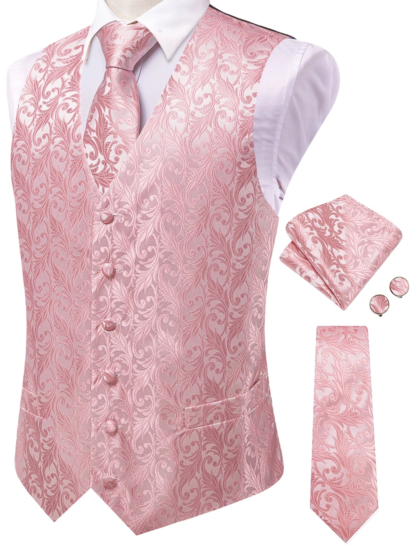 Men's Classic Floral Vest Tie Hanky Cufflinks Waistcoat Weddings Qme HT-MJ-0203 XXXL