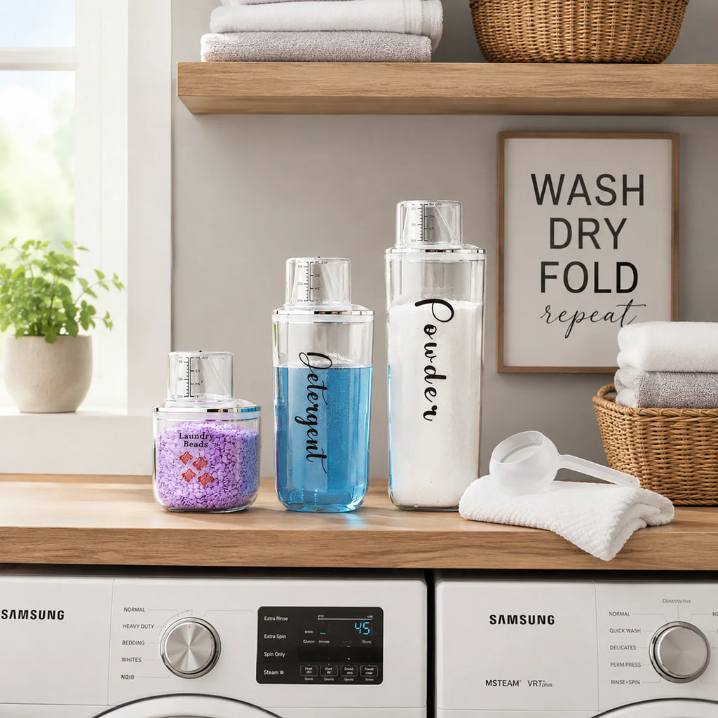 Clear Laundry Detergent Dispenser Container with Measuring Cup Lid, Cylindrical Airtight Canister for Laundry Powder Liquid Soap Qme