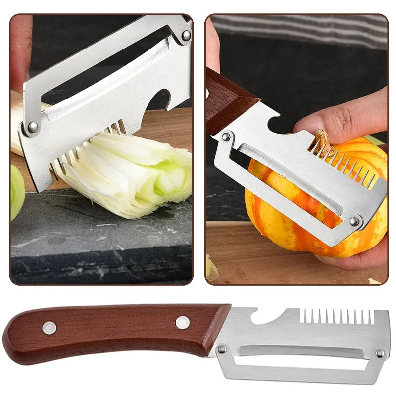 Stainless Steel Peeler with Wooden Handle 3-in-1 Fruit Potato Peeler with Bottle Opener Fruit and Vegetable Scraping Tool Qme