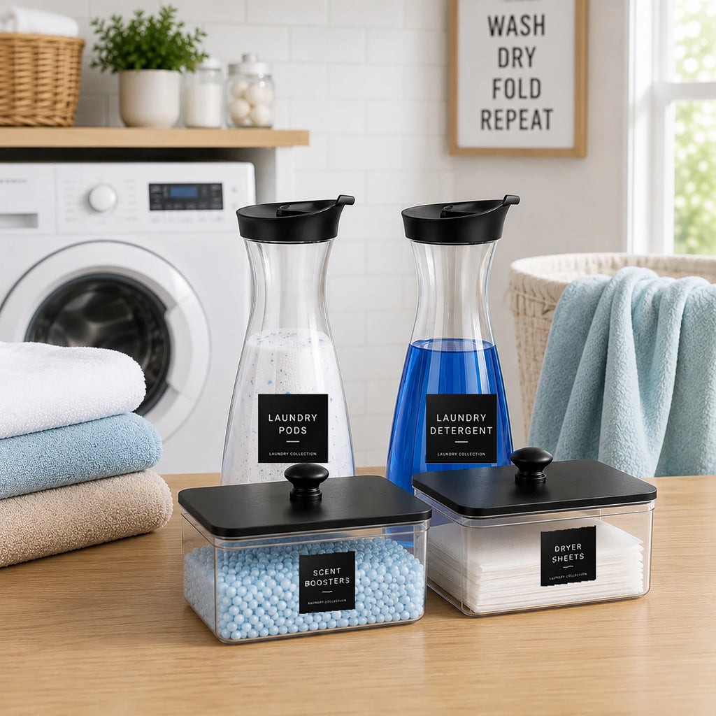 Laundry Organization Containers Set with Labels Empty Detergent Dispenser Bottles for Laundry Pods, Dryer Sheets Scent Boosters Qme