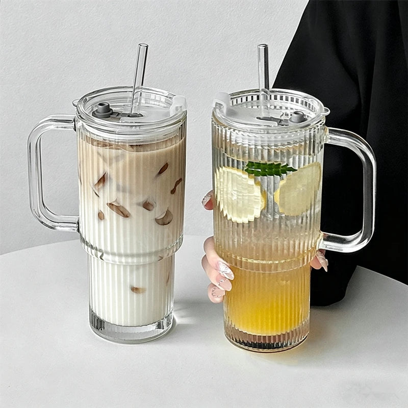 600ML Stripe Glass Coffee Cup With Handle And Lid Cover Straw Transparent Drinking Glasses For Juice Iced Coffee Mugs Drinkware Qme