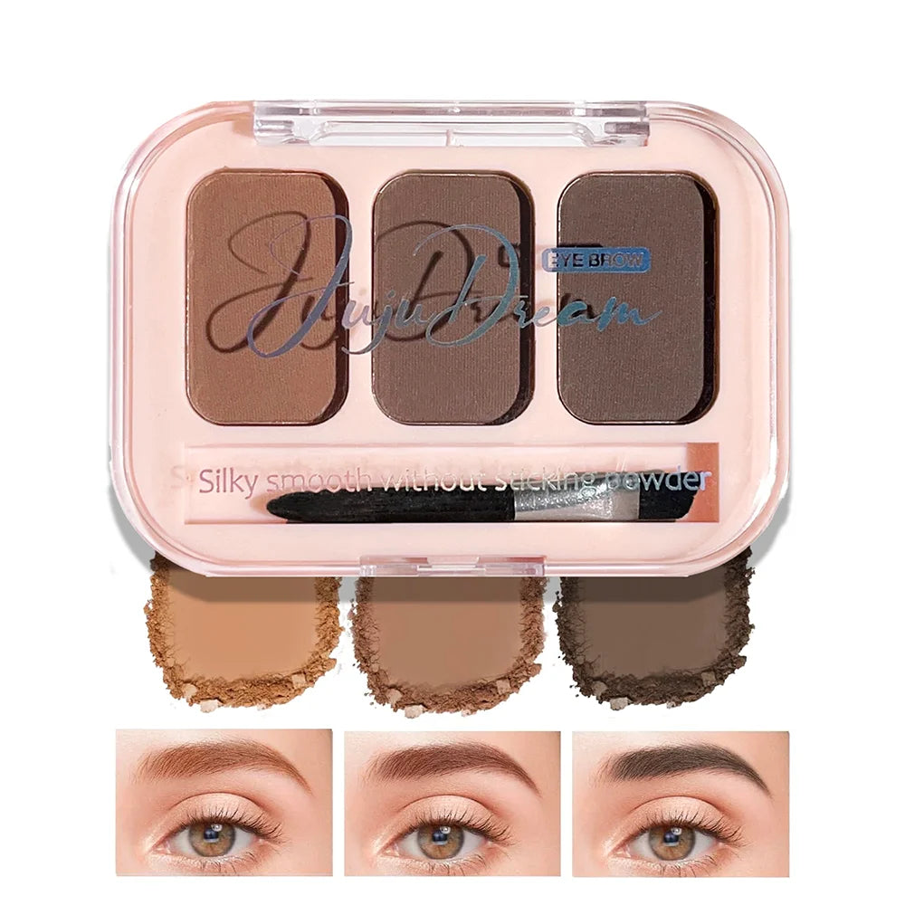 Matte 3-Color Brow Powder Palette Brush Natural 3D Shape Waterproof Qme Mixed Color 01