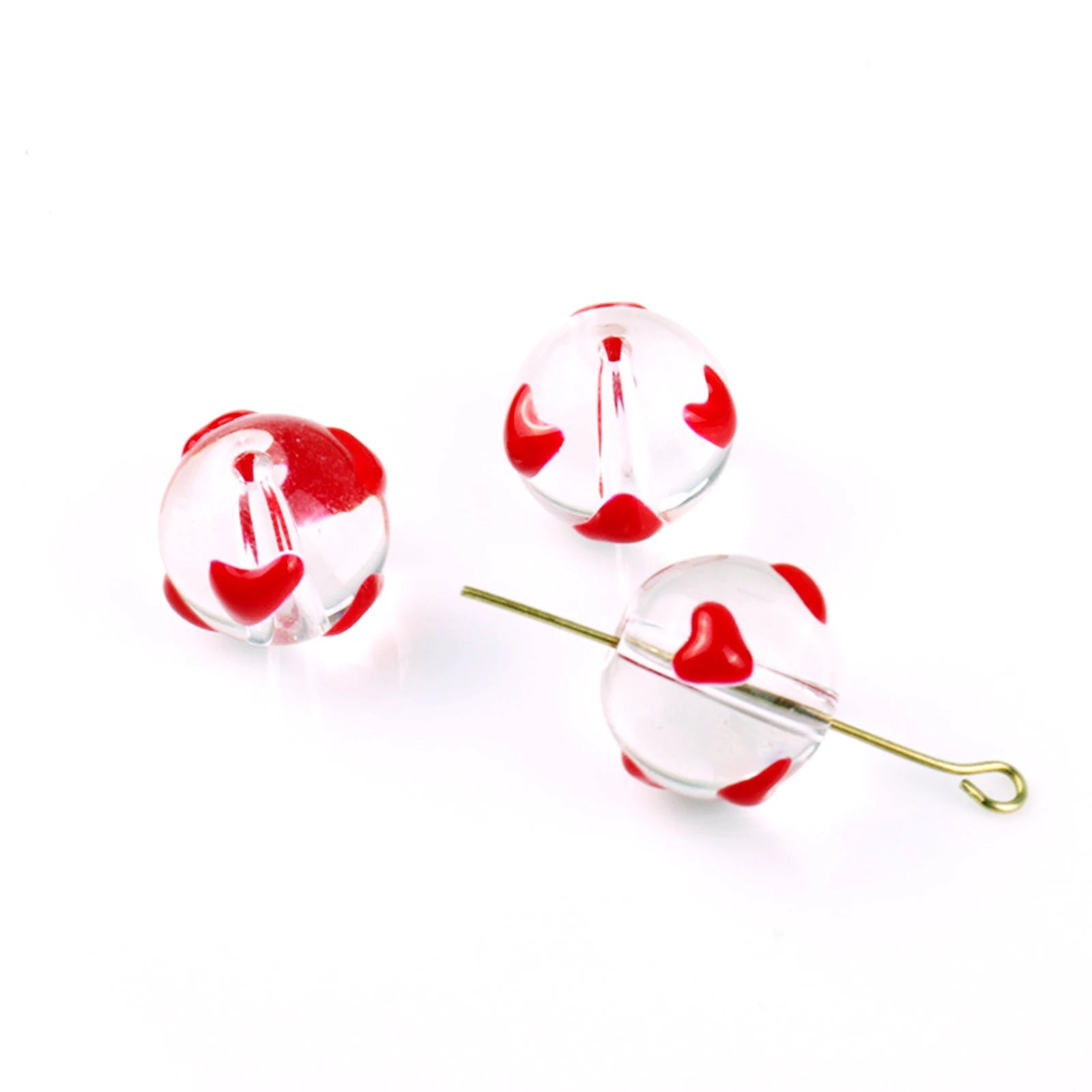 Pandahall 10Pcs Transparent Glass Round Ball Beads Handmade Enamel Glass Beads Red Sweet Heart Beads for Necklace Jewelry Making Qme