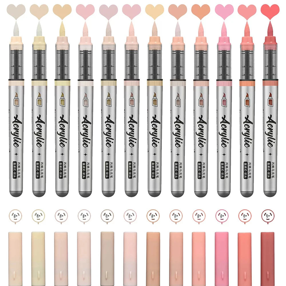 Acrylic Paint Markers ,12 pcs Brush Tip Acrylic Paint Pens Set with 9 Professional Color Series for DIY & Art Supplies Qme Flesh Tone Series
