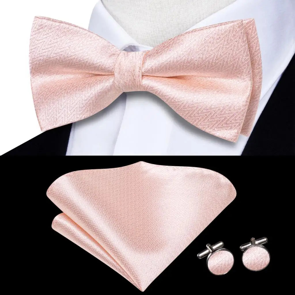 Peach Pink Salmon Rose Mens Bow Tie Pocket Square Cufflinks Pre-tied Qme LDLH2518