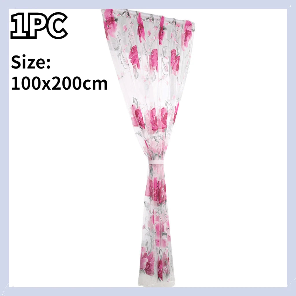 1/2 PCS Vines Leaves Tulle Door Window Curtain Drape Panel Sheer Scarf Valances Colorful Floral Pattern Transparent Curtains Qme Pink 1