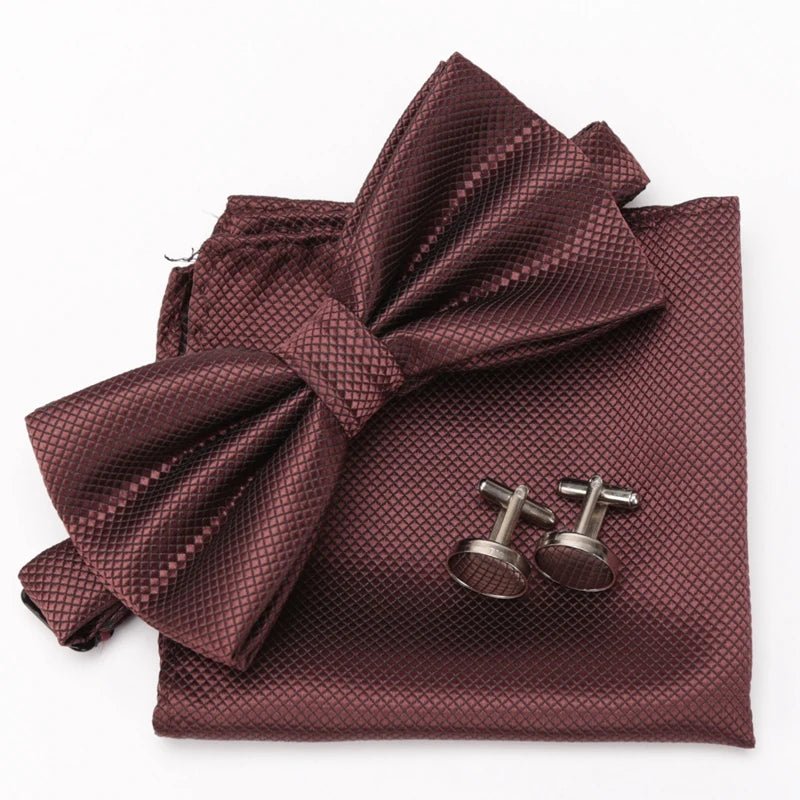 Men Bowtie Plaids Classic Fashion Wedding Party Formal Cufflinks Bow Qme Brown