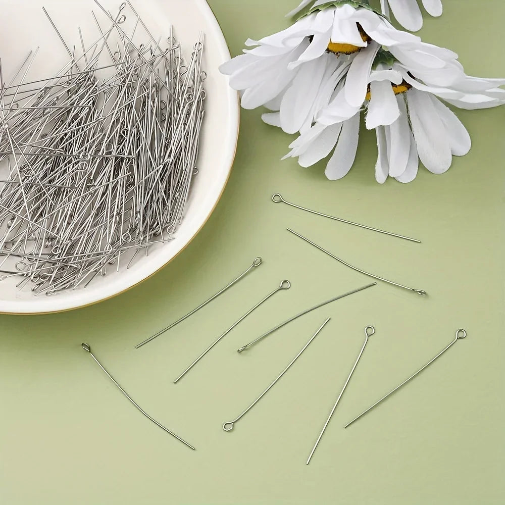 About 300pcs 1.97inch Stainless Steel Eye Pins 9 Needles Eye Head Pins Suitable For Making Jewelry Earrings Tools Qme