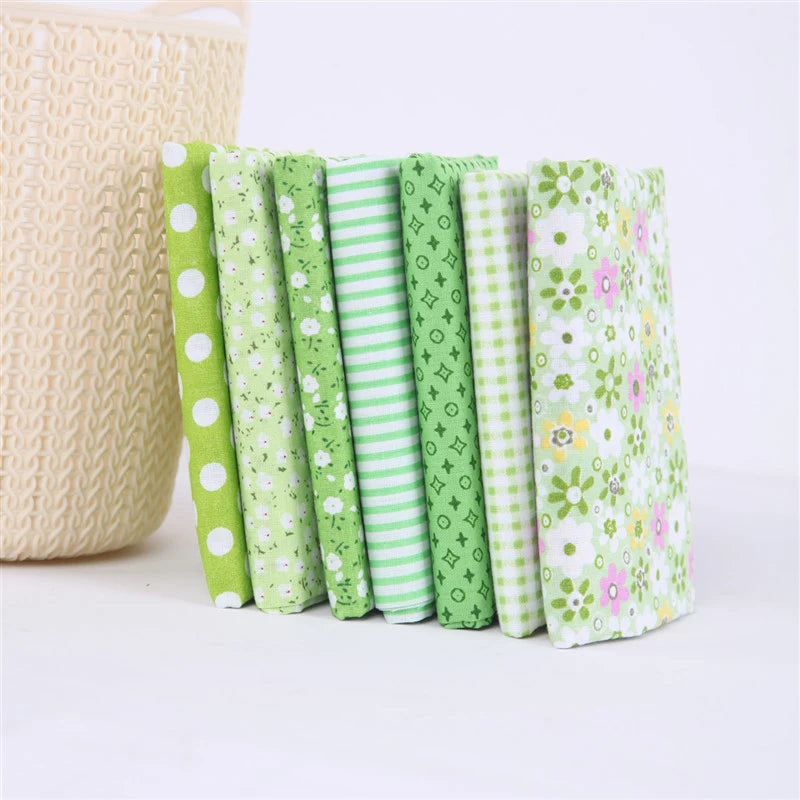 7Pcs Flower Printed Cloth For Dress Sewing Patchwork Fabric Cotton Fabric DIY Handicraft Quilting Needlework Handmade Material Qme 7pcs Green 25X25cm