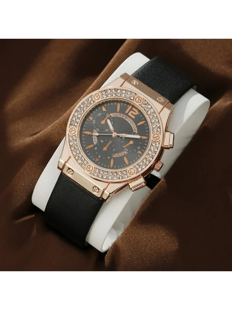 1pcs/set of versatile and fashionable PU strap watch, minimalist watch, women's trendy quartz watch Qme black