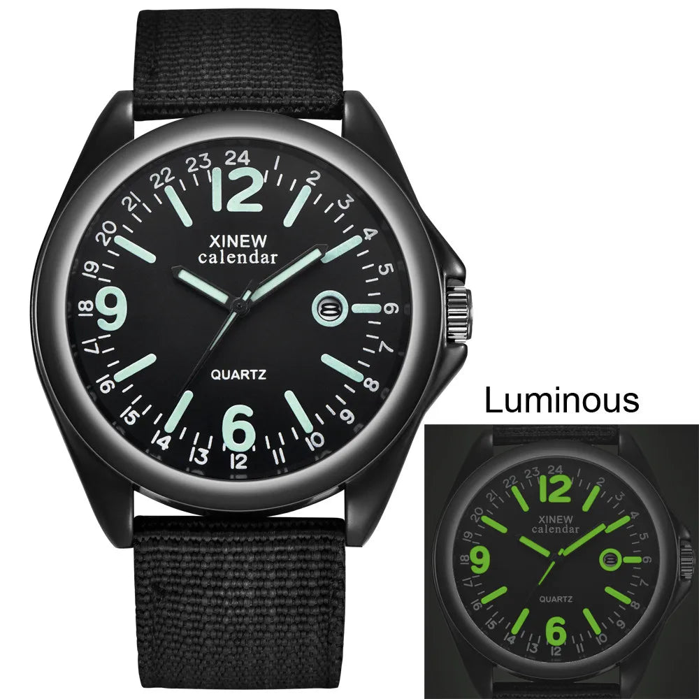 Man’s Luminous Fashion And Casual Versatile Canvas Strap Calendar Quartz Watch Basic Simple No Waterproof Black Round Dial Reloj Qme