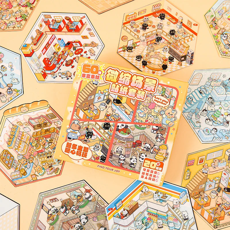 20pcs Cartoon Miniature Scene 3D Landscaping Sticker DIY Cabin Scene Stacking and Pasting Hand Account Scrapbooking Stickers Set Qme