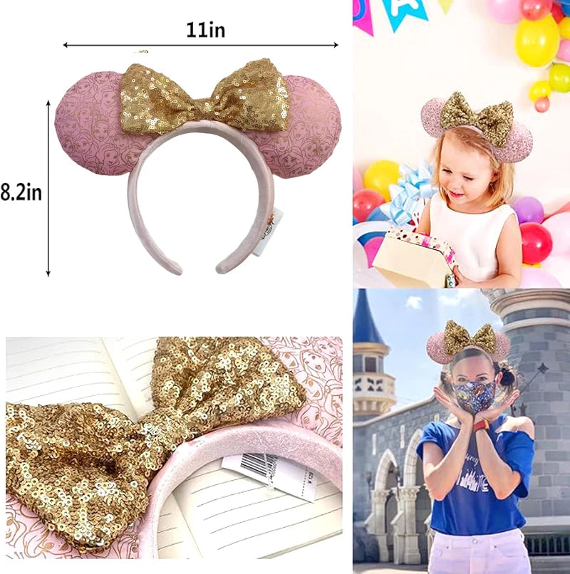 Princess Seris Pink Mickey Mouse Headbands Bow Glitter Party Decoration Cosplay Hair Accessories Hairband for girl Women Adults Qme