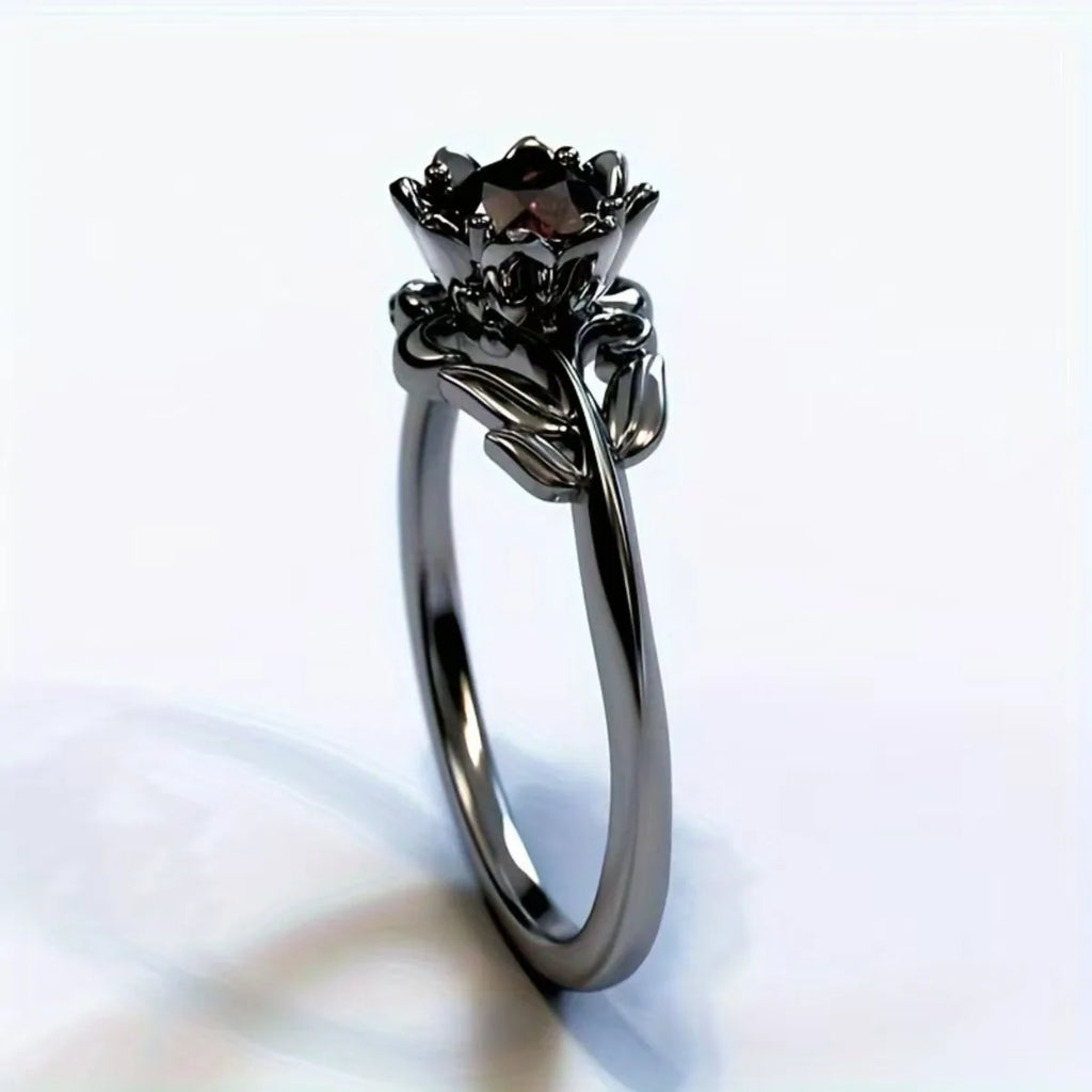 Simple New Fashion Originality Border New Jewelry Ladies Flower Ring Electroplating Gun Black Hand-inlaid Ring Popular Gift Qme