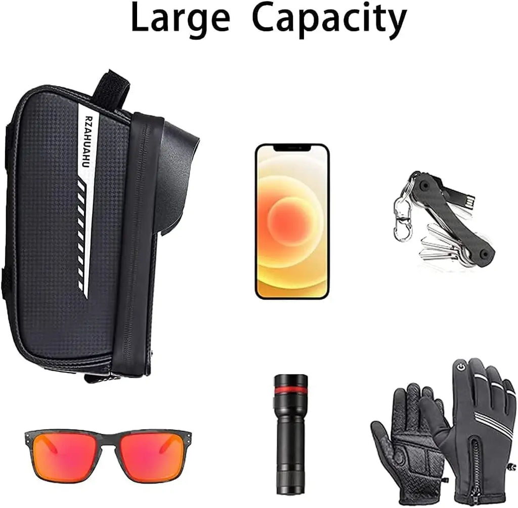 Bike Phone Front Frame Bag, Waterproof Pouch Bike Handlebar Bag Cycling Front Top Tube Touchscreen Phone Mount for Smartphone up Qme