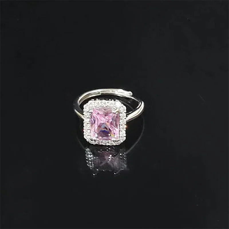 Luxury Elegant Sparkling Emerald Open Zircon Ring for Women Adjustable Luxury Silver Color Inlaid Square Green Pink Zircon Rings Qme Pink resizable