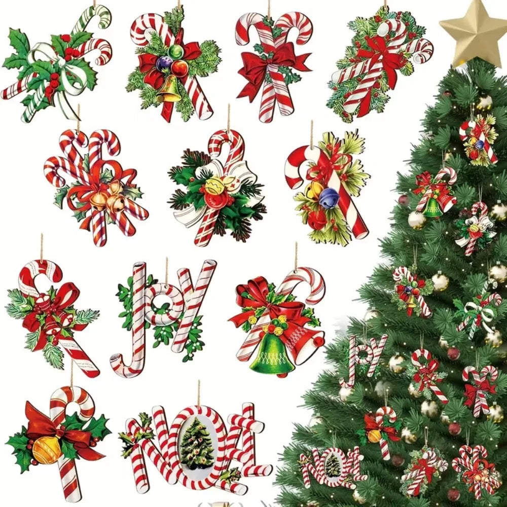 Wooden Christmas Tree Ornaments Cute Candy Cane Bow Bells Hanging Qme 12pcs