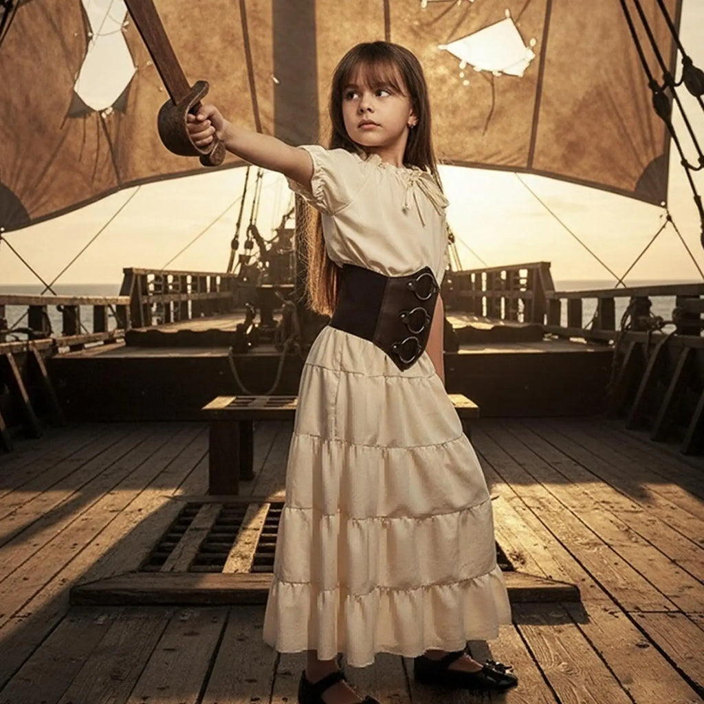 Girls Renaissance Costume Medieval Ren Faire Dress Viking Pirate Outfit Victorian Faerie Vintage Dress with Belt Cosplay Costume Qme