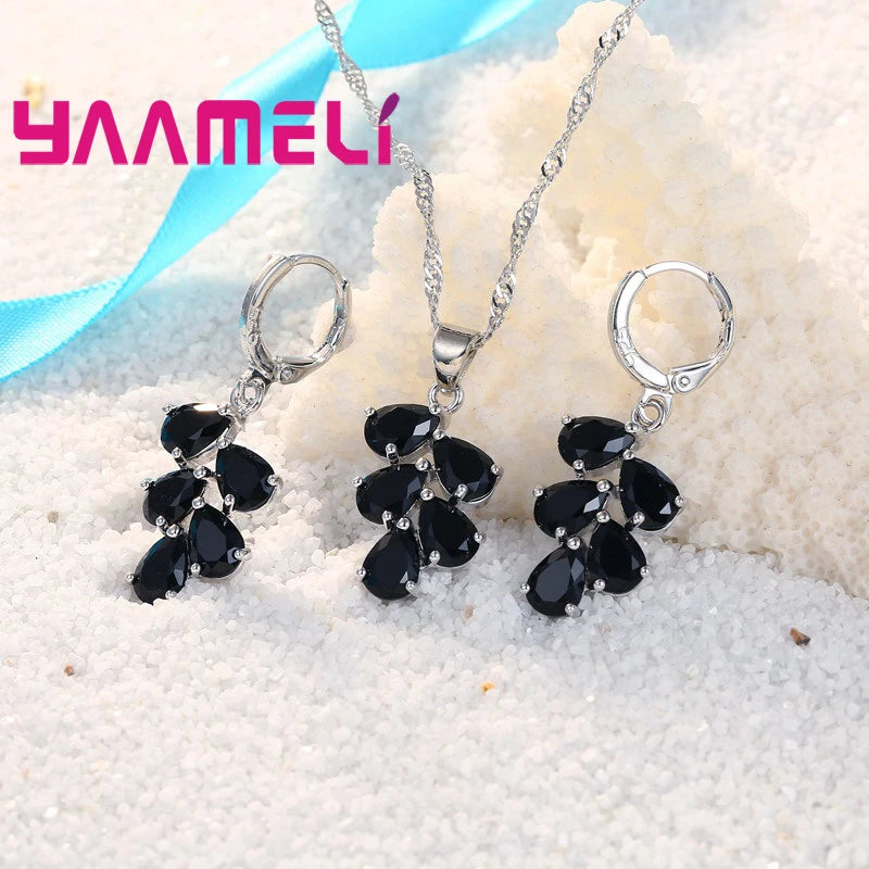 Anniversary Gift For Women Trendy 925 Sterling Silver Color Jewelry Sets Cubic Zirconia Pendants Necklaces Charm Hoop Earrings Qme