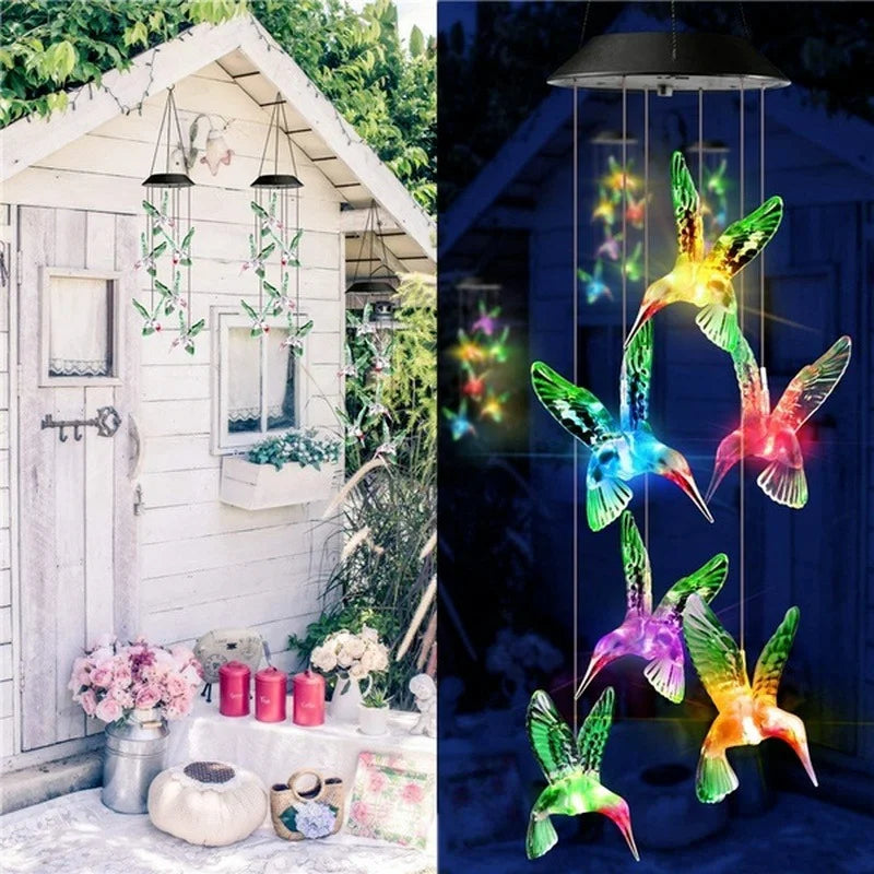 LED Solar Wind Chime Crystal Ball Hummingbird Light Changing Qme