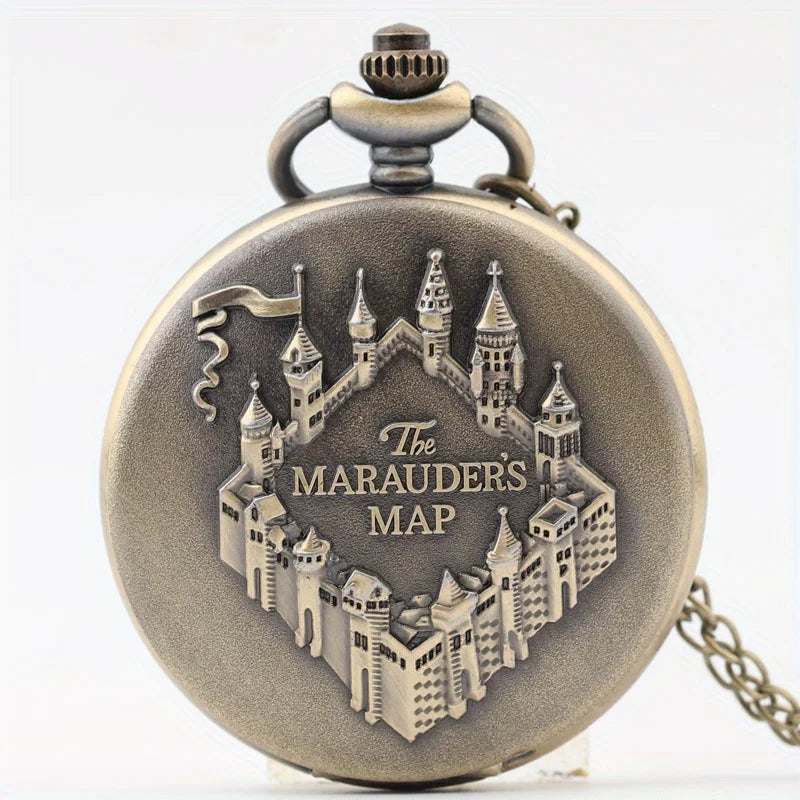 Vintage Castle Embossed Marauder Map Pocket Watch with Bronze Chain - A Timeless Accessory! Qme Bronze