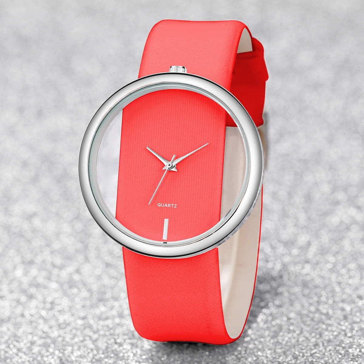 2026 Simple and Transparent Creative Cutout Fashionable and Dignified Leather Belt Couple Quartz Watch Qme 1PC Red