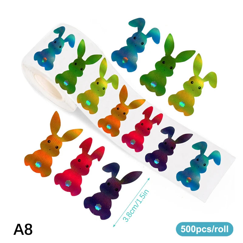 500pcs/roll Easter Bunny Carrot Stickers Holographic Waterproof Stickers For Easter Egg Hunt, Party Decorations, Scrapbooking Qme A8