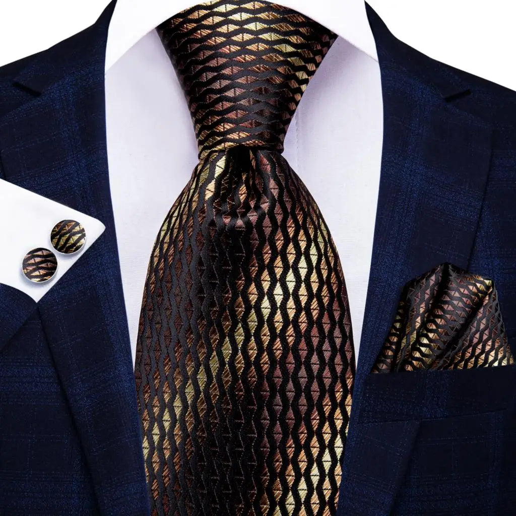 Hi-Tie Paisley Brown Tie For Men Elegant Mens Necktie Pocket Square Cufflink Groom Wedding Accessory Wholesale New Designer Qme 1N-3340