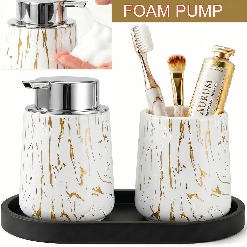 3pcs/set Marble Bathroom Set with Silicone Tray Foaming Hand Dispenser Toothbrush Holder Set Vanity Organizer for Bathroom Kitch Qme D-foam set
