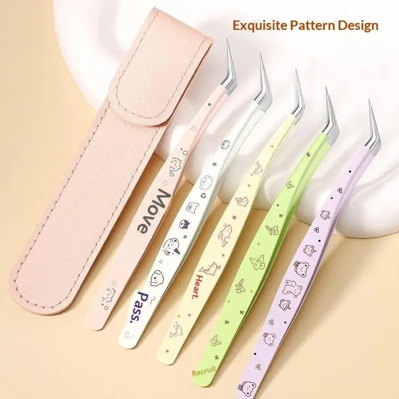 Stainless Steel False Eyelash Tweezers Precision Leather Case Lashes Qme