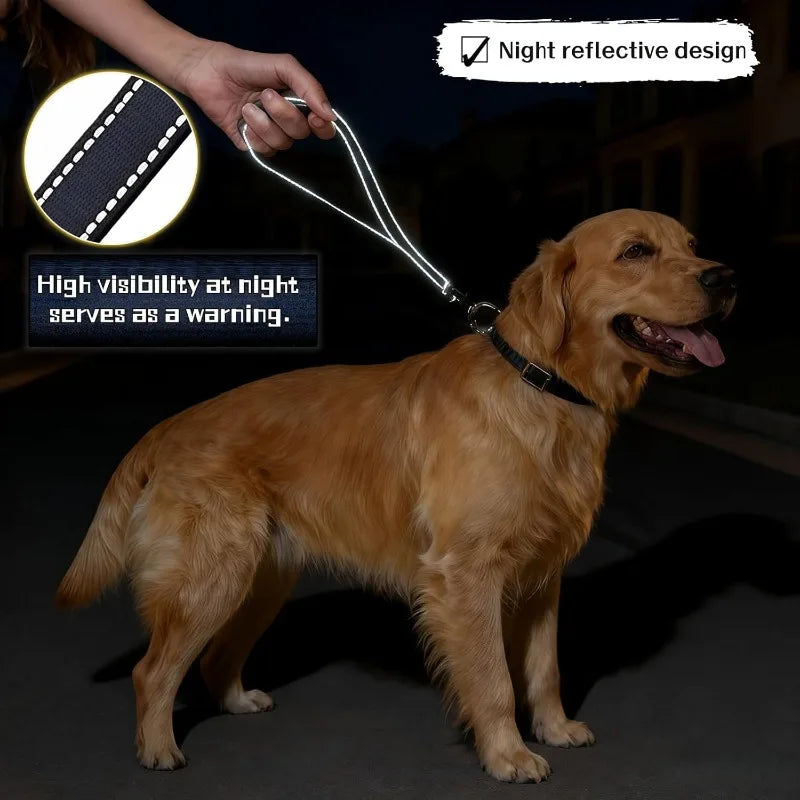 Short nylon dog leash, heavy-duty padded handle, reflective black, suitable for walking training of medium and large dogs Qme