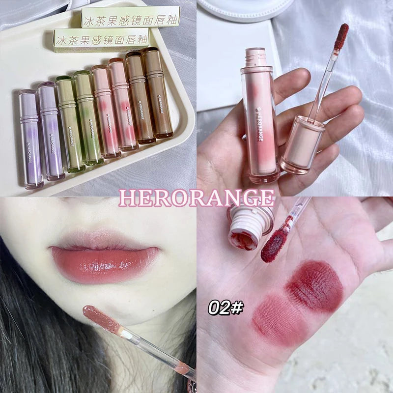 Iced Tea Mirror Lip Glaze Watery Lip Gloss Waterproof Lasting Transparent Jelly Liquid Lipstick Womon Beauty Makeup Lip Cosmetic Qme 02 HERORANGE