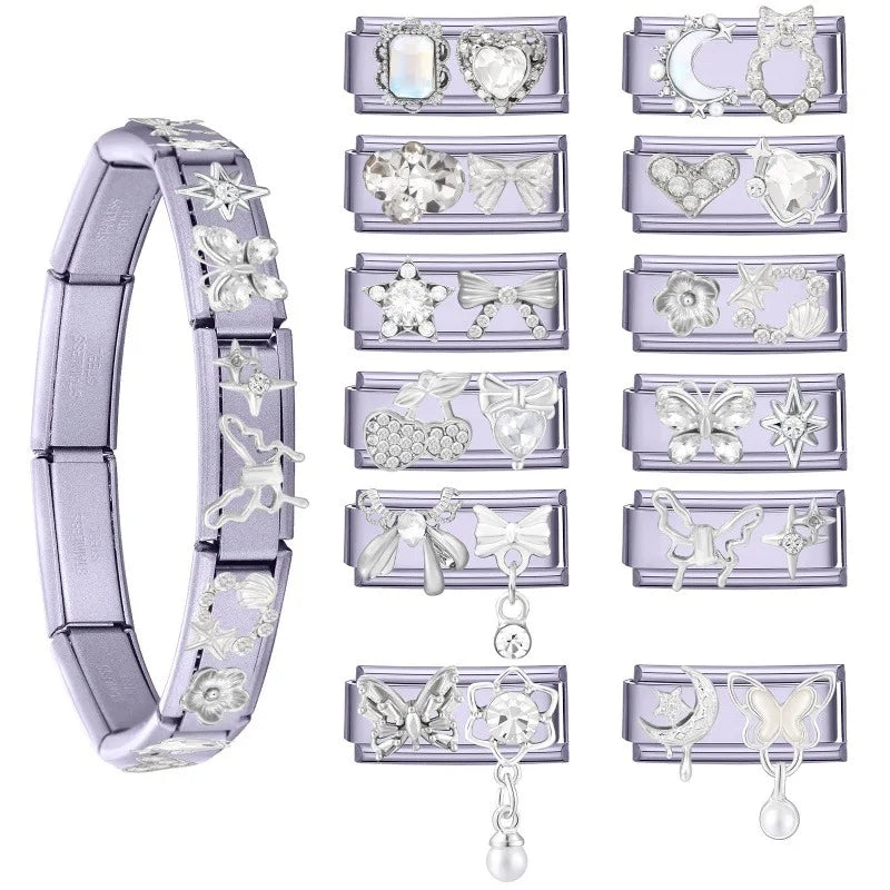 White Zircon Butterfly Stars Moon Bow Flowers Italian Charm Links Fit 9mm Stainless Steel Bracelet Women Jewelry DIY Making Gift Qme