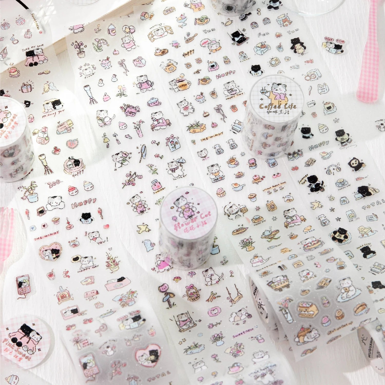 1 Roll Kawaii Lucky Cat Life Theme Glitter PET Tape for Background Decor Scrapbooking DIY Collage Phone Case Notebook Qme