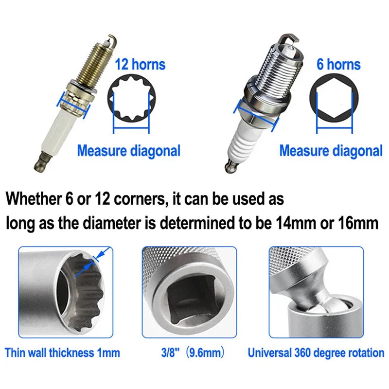 Spark Plug Socket Wrench Adapter 14mm16mm Set Universal Joint with Magnetic Flexible Socket Thin Wall 3/8" Drive Car Repair Tool Qme