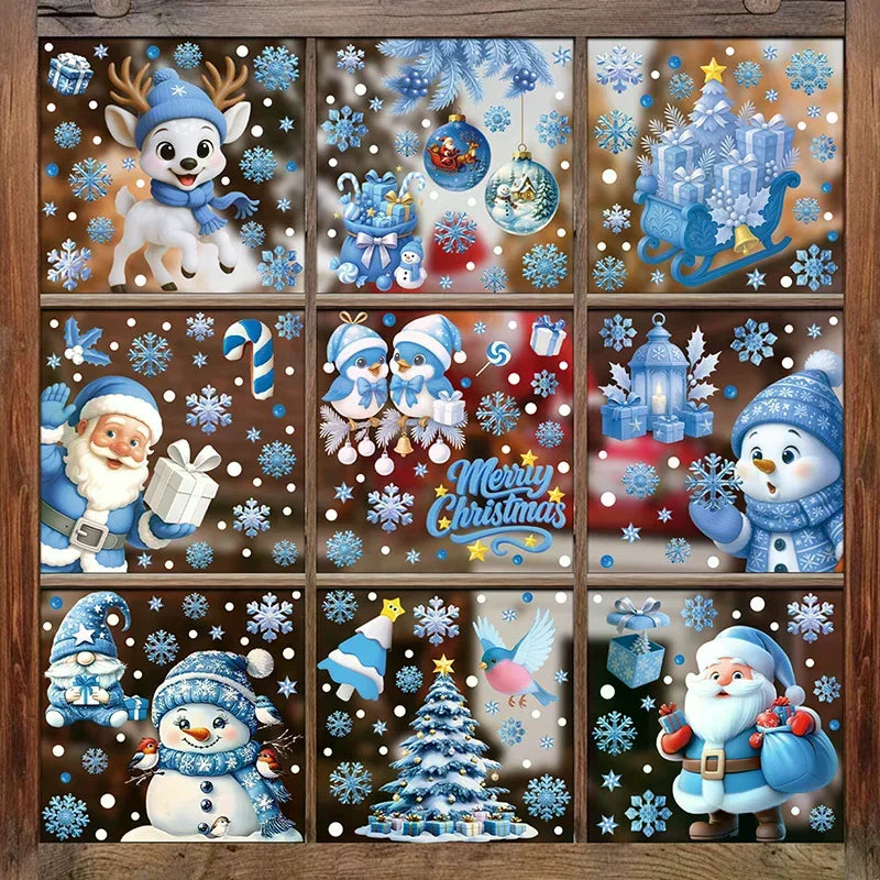 Blue Christmas Window Clings-Static Sticker Set With Bells, Reindeer, Santa, Snowflakes & Snowman For Holiday Party Decor Qme
