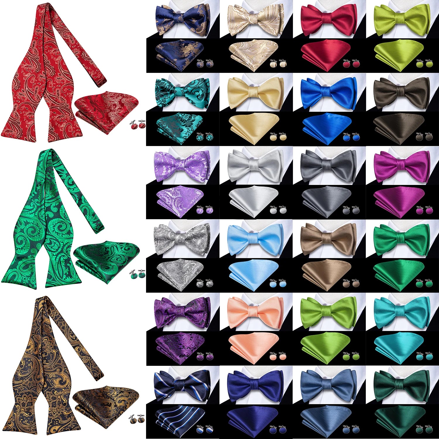 Hi-tie Silk Mens Self Bow Tie Hanky Cufflinks Blue Red Gold Black Qme