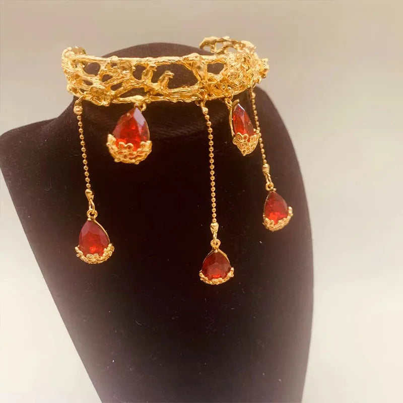Antique Red Sapphire Water Drop Bell Open Bracelet Flying Sky Dunhuang Ancient Princess Bracelet Classic Ethnic Women's Jewelry Qme