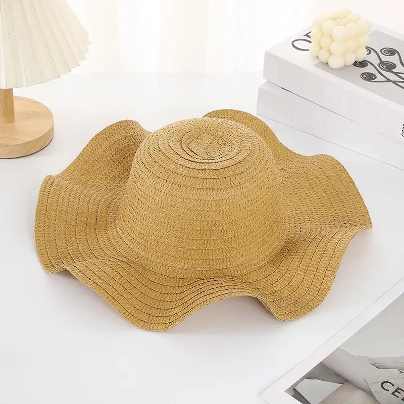 Summer Beach Wavy Edge Wide Brim Straw Hat Seaside Vacation Women Qme Khaki