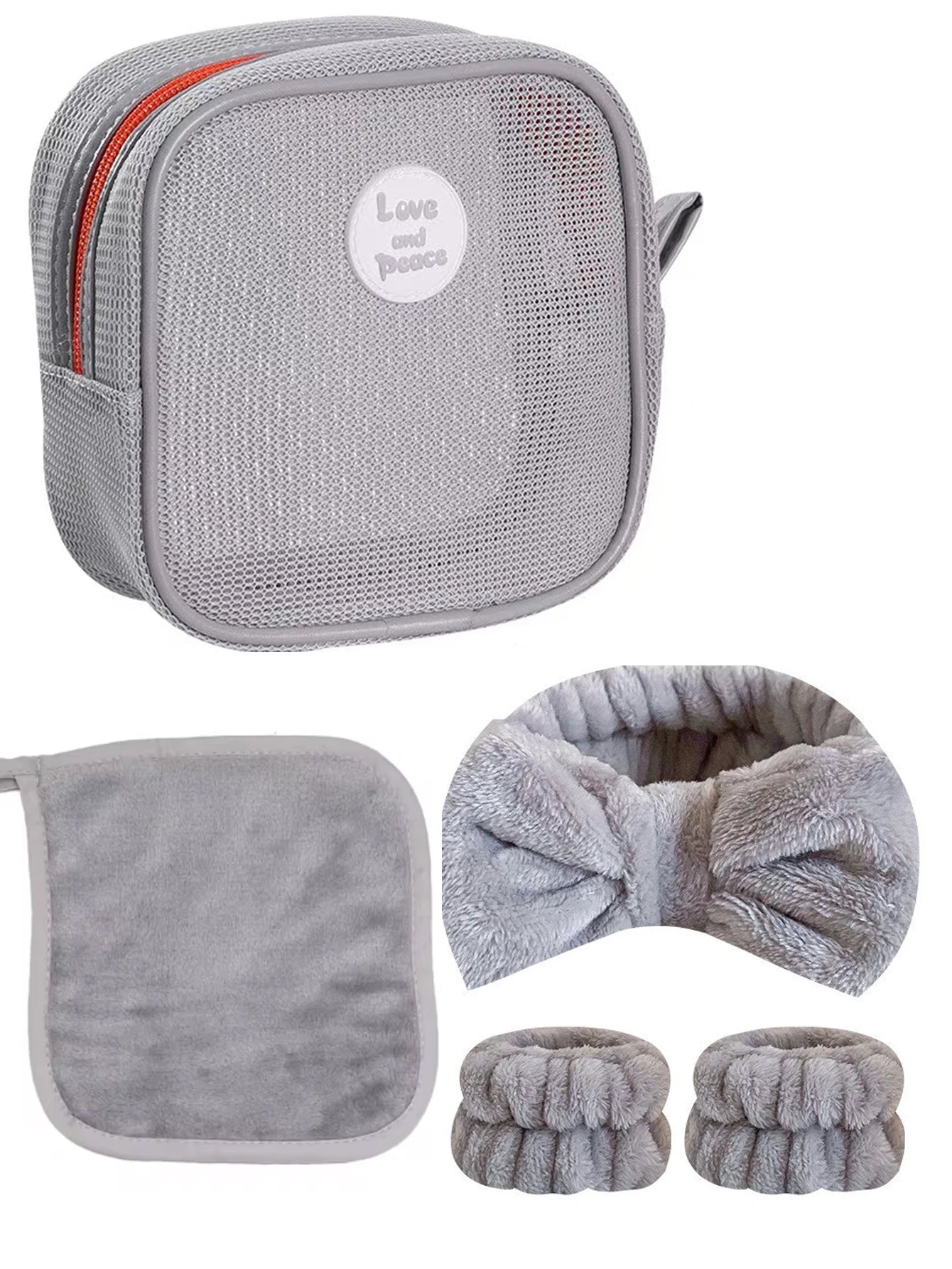 1 Face Wash Headband 2 Wristbands Makeup Removal Towel Cosmetic Bag Qme grey