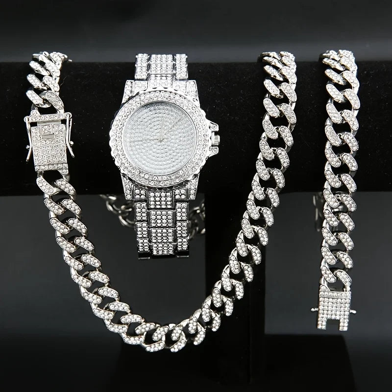 3pcs/set, Men's Rhinestone Wrist Watch & Necklace Bracelet Set, Couple Watch Gift Qme silver set