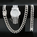 3pcs/set, Men's Rhinestone Wrist Watch & Necklace Bracelet Set, Couple Watch Gift Qme silver set