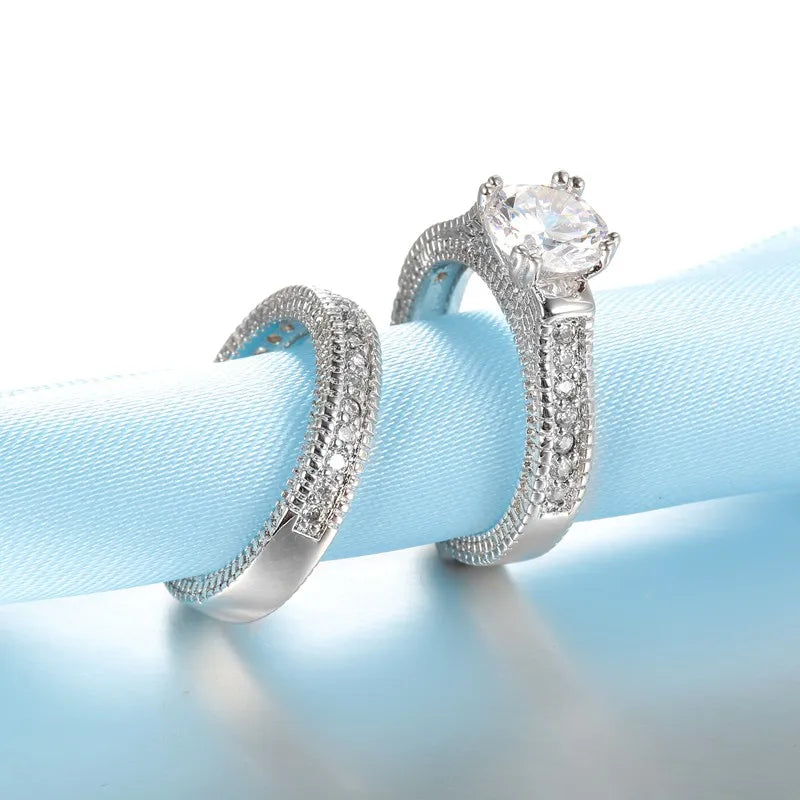 Elegant Wedding Engagement Couple Rings Set 925 Sterling Silver Color Anniversary Accessory With Full Shiny Cubiz Zircon Stone Qme