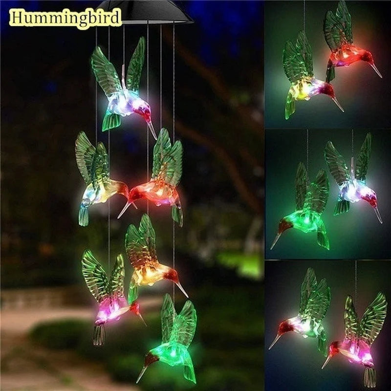 LED Solar Wind Chime Crystal Ball Hummingbird Light Changing Qme Hummingbird