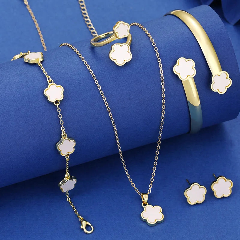 5PCS Five Leaf Flower Jewelry Set Bracelet Necklace Earrings Ring Bangle Classic for Woman Girl Party Brand Jewelry Gift Clover Qme