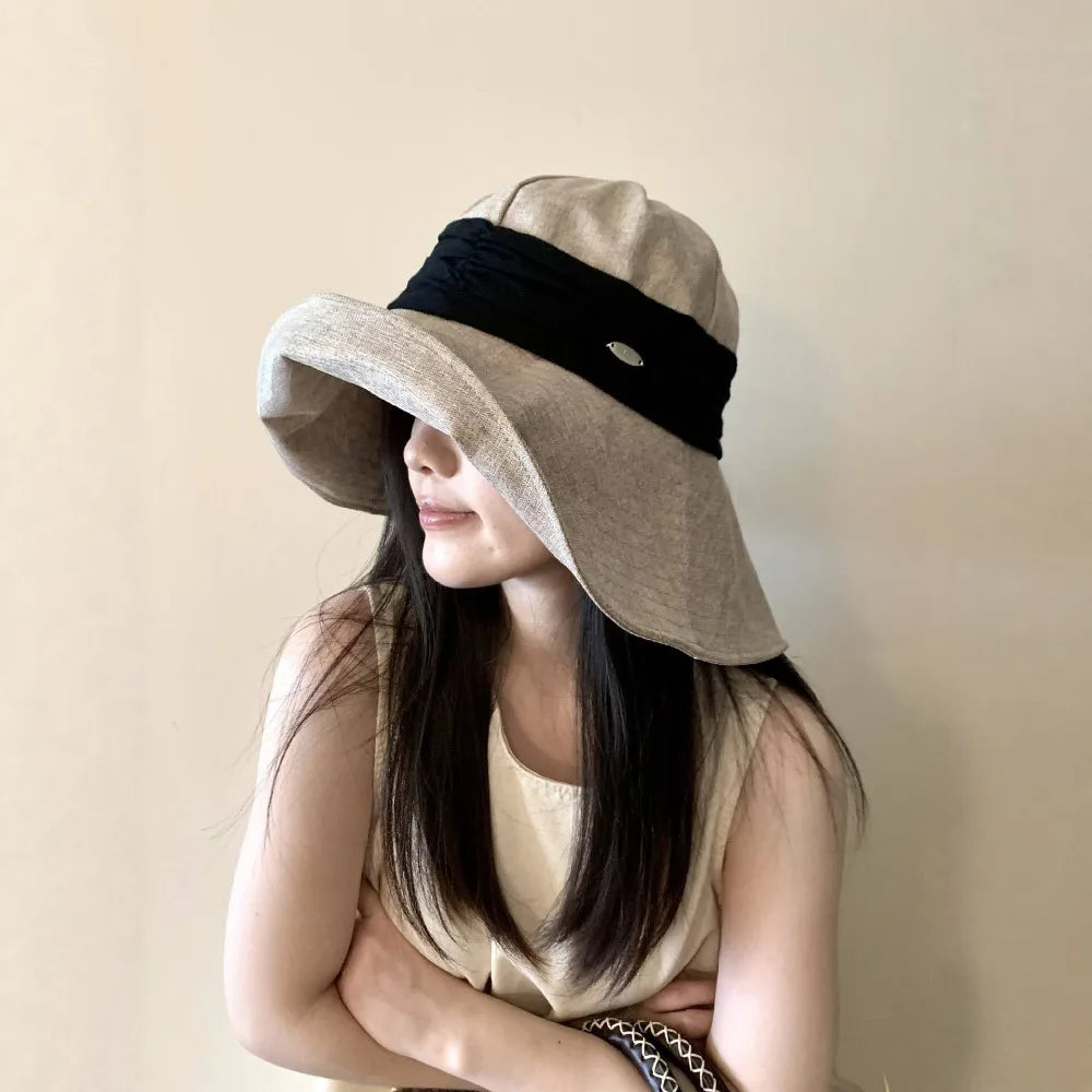 Solid Color Cotton Linen Fisherman Hat Cotton Linen Wide Brim Sunshade Hat Breathable Sun Protection Summer Sun Hat Ladies Qme Grey