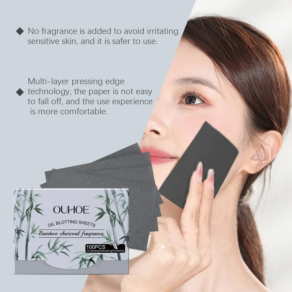 100pcs Bamboo Charcoal Oil Blotting Paper Facial Oil Absorbing Sheets Matte Face Oil Control Portable & Gentle for Oily Skin Qme