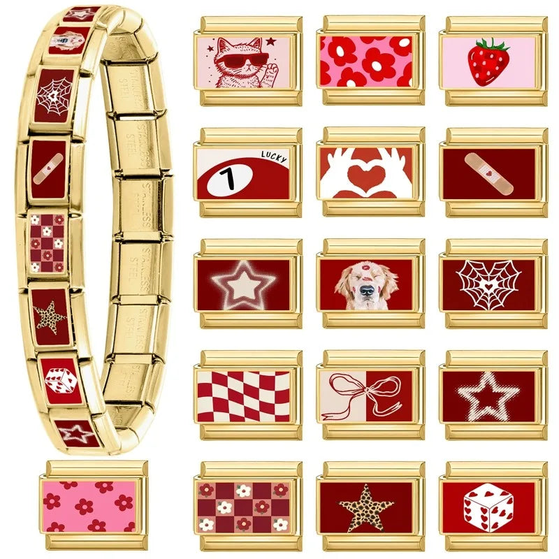 Fashion Personalized DIY Red Color Italian Charm Bracelet Good Luck Black Catd Dogs Bead 9mm Bracelet Stainless Steel Jewelry Qme