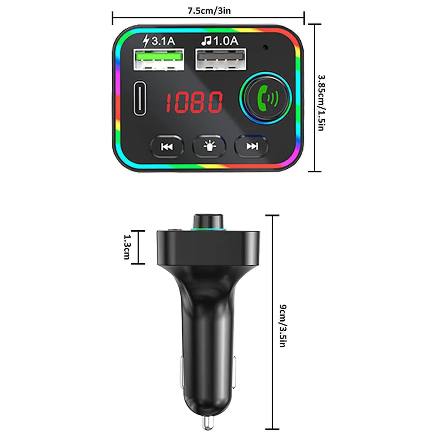 Bluetooth FM Transmitter for Car, Bluetooth 5.0 Car Mp3 Player with Led Display,7 Color Backlit Dual USB Car Radio Adapter Qme